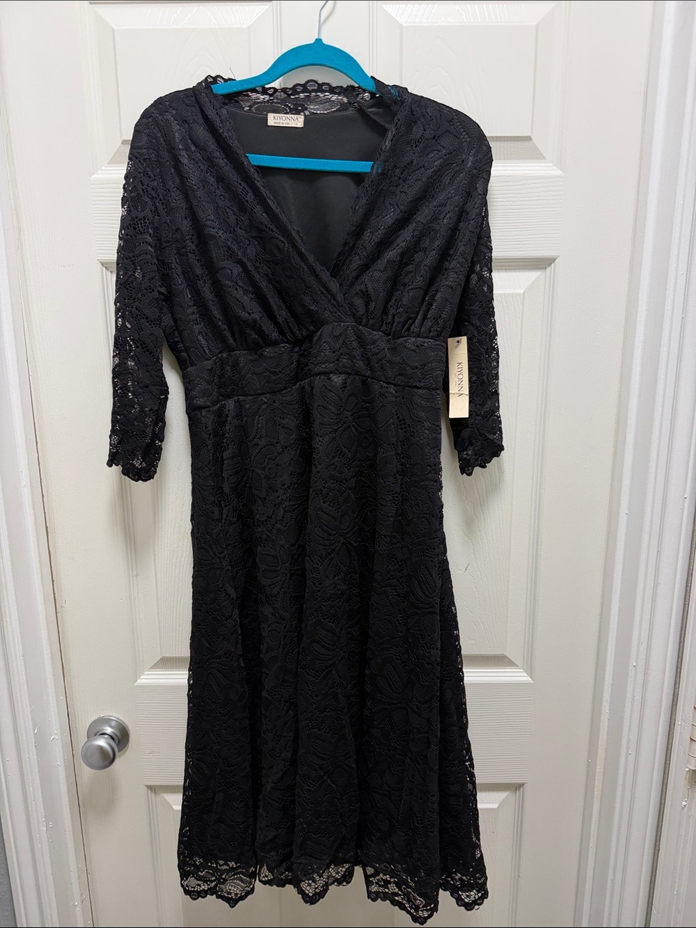 Kiyonna Black Lace Faux-Wrap Midi Dress with Three-Quarter Sleeves